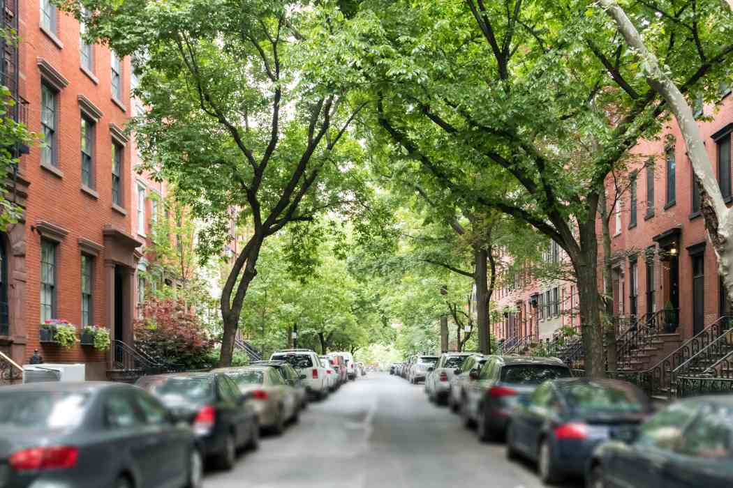 NYC street with parked cars.