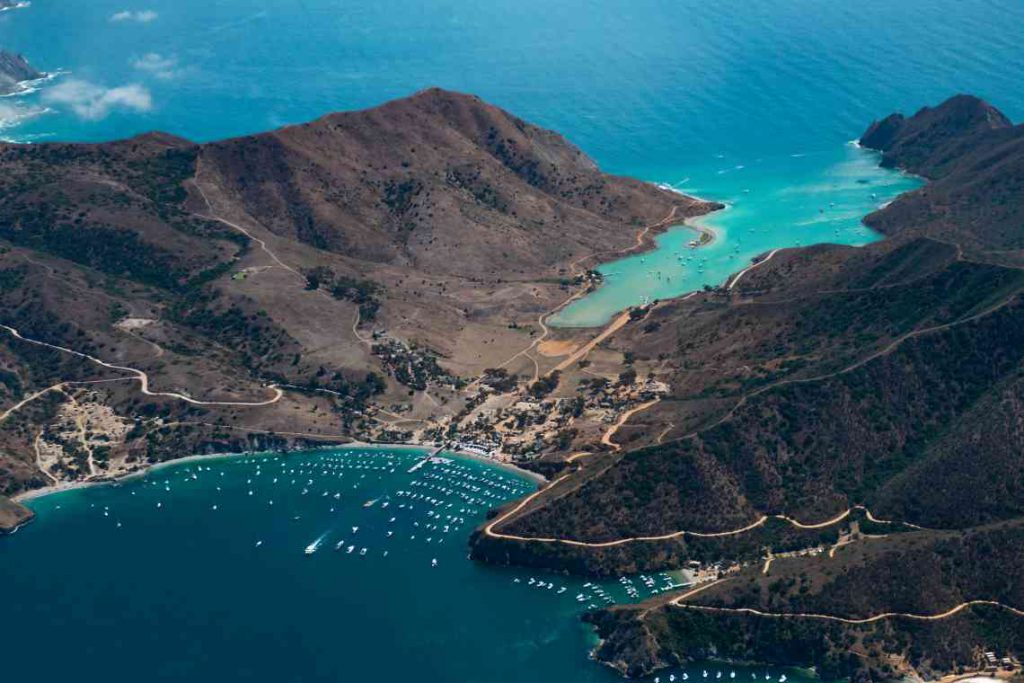 A view of mountainous Catalina Island with turquoise waters.