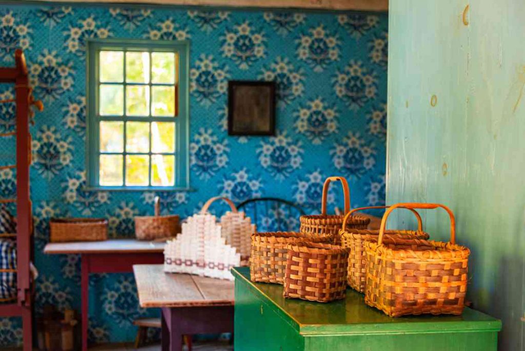 Interior of colonial home with baskets.