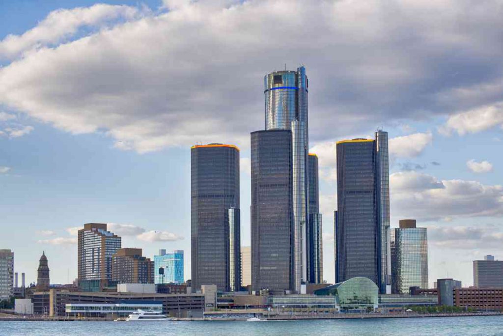 Silver Renaissance Center skyscraper in Detroit