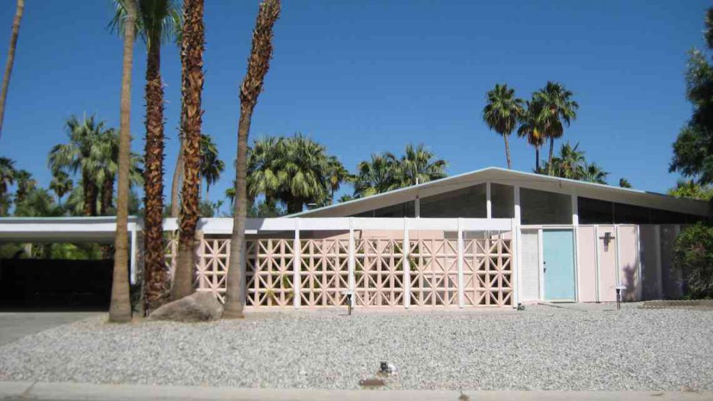 Pink and blue mid-century modern house in Palm Springs, CA