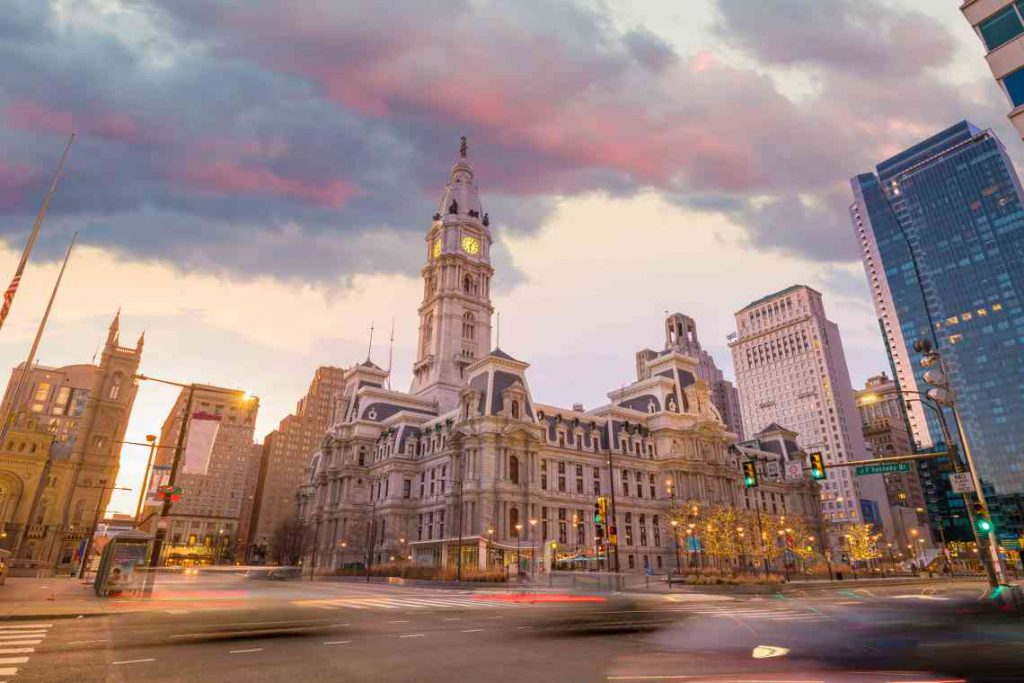 Blue and white facade of Philadelphia City Hall