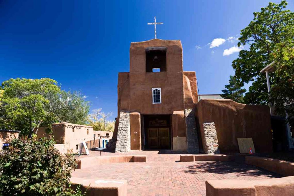 Tan adobe San Miguel Church