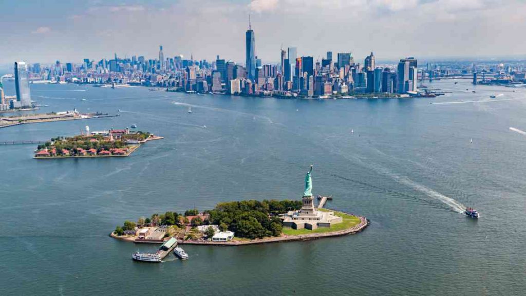 Liberty and Ellis islands in Upper Bay with Manhattan in the background