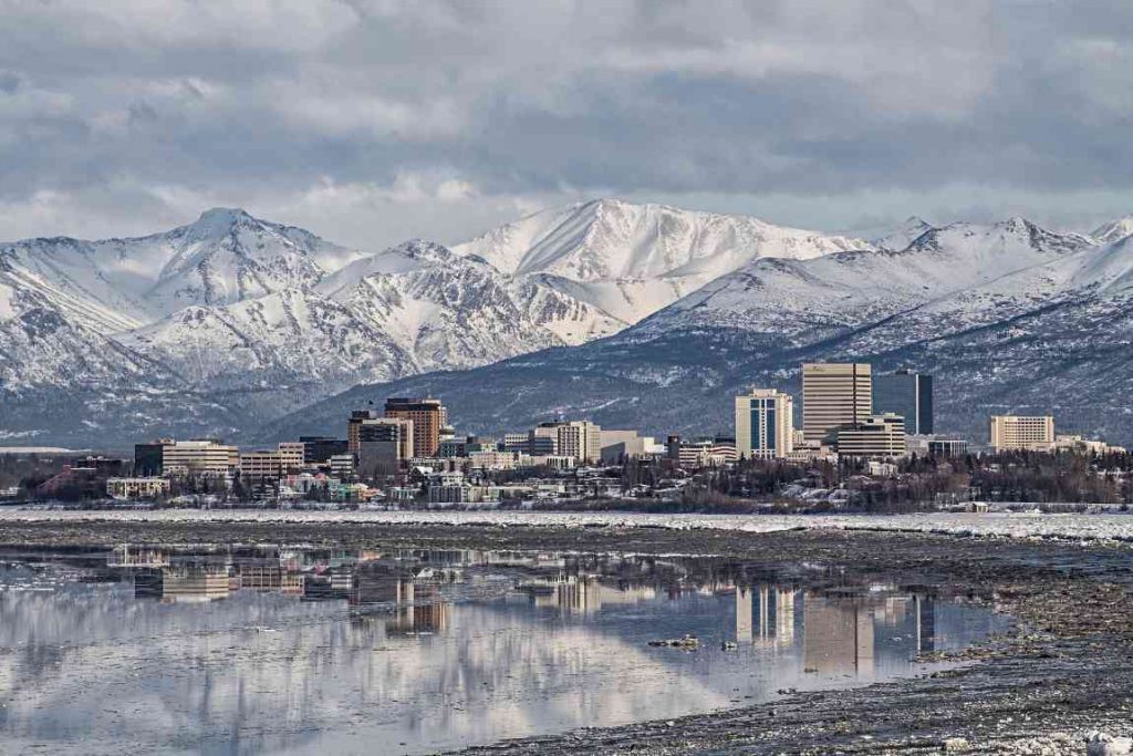Anchorage with snowcapped mountains in the background