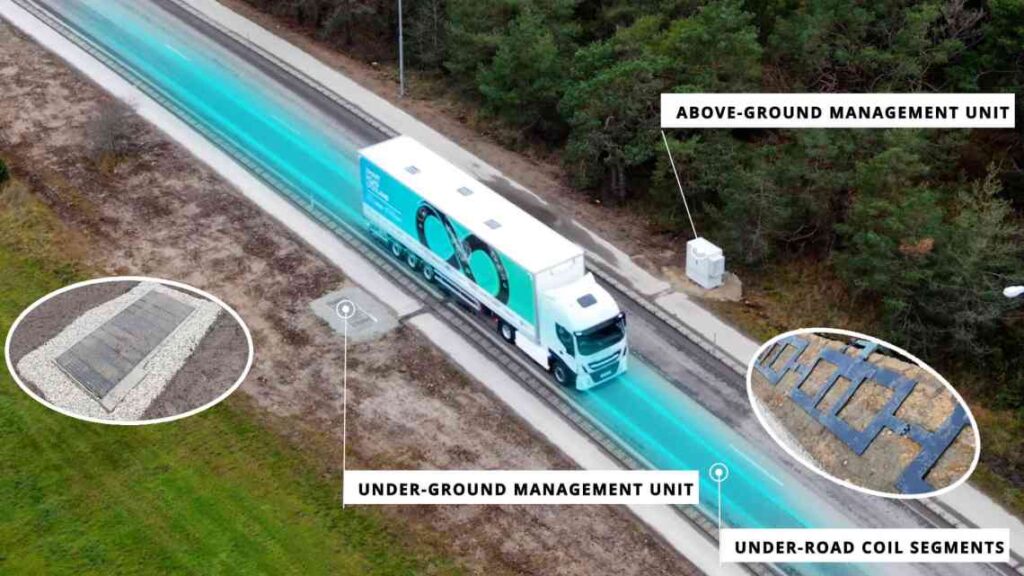 semi truck on road with wireless EV charging