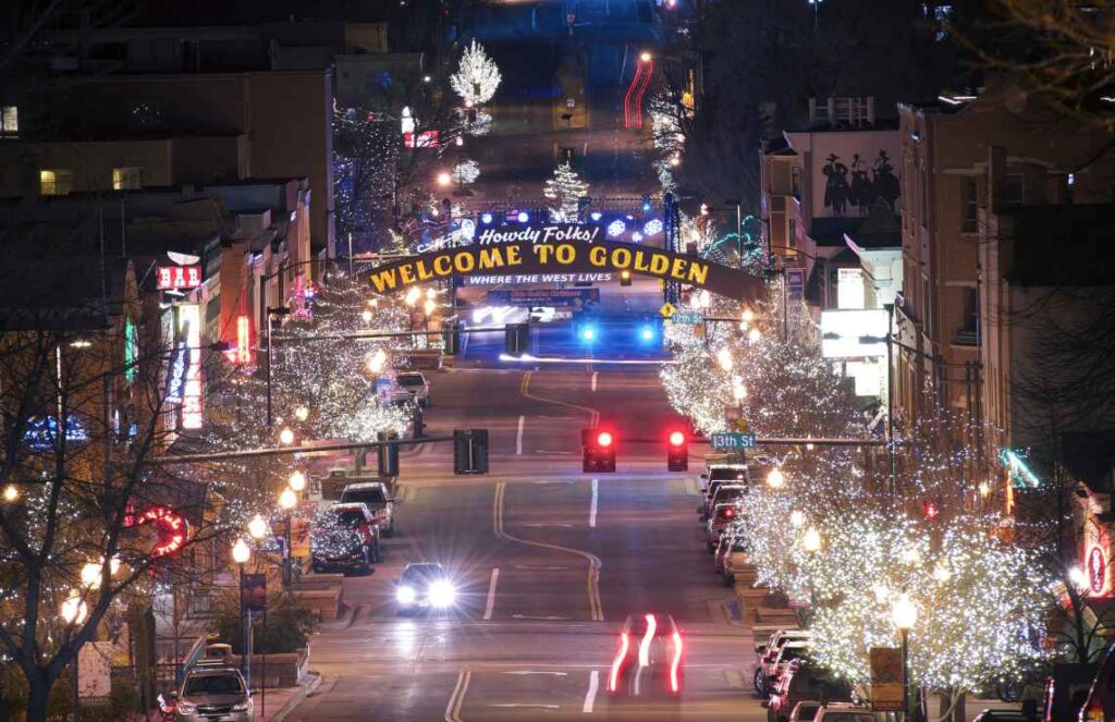 Main street of Golden Colorado at night