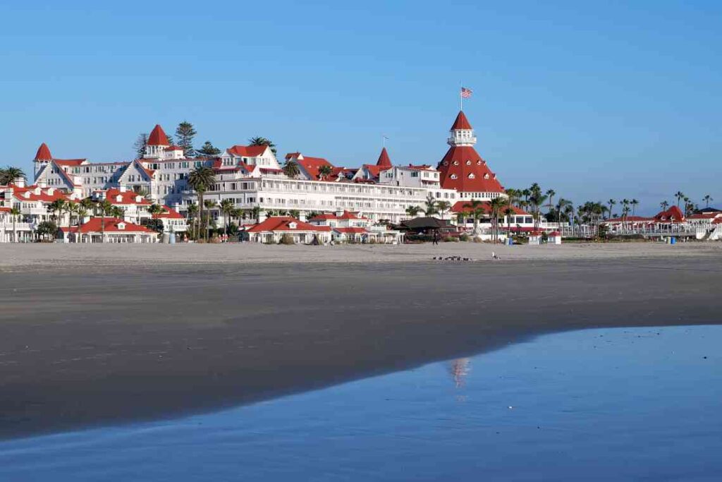 Wooden White and red hotel on the beach