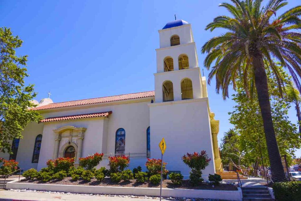 Old fashioned white church made of adobe