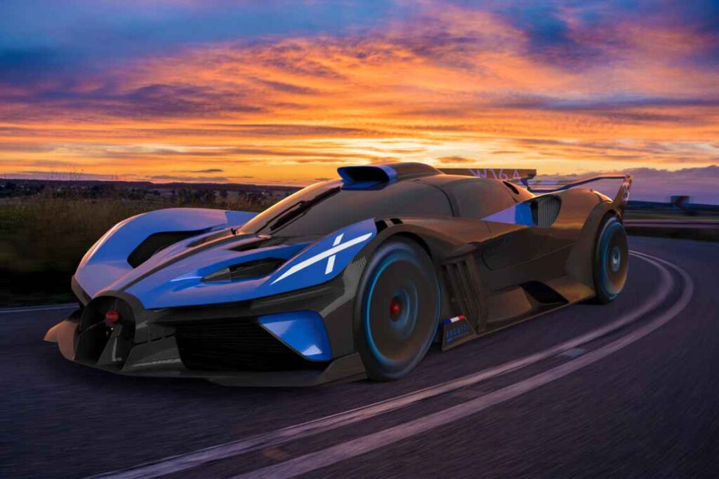 Bugatti Bolide hypercar driving in the sunset