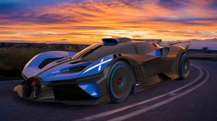 Black and blue Bugatti Bolide hypercar at sunset