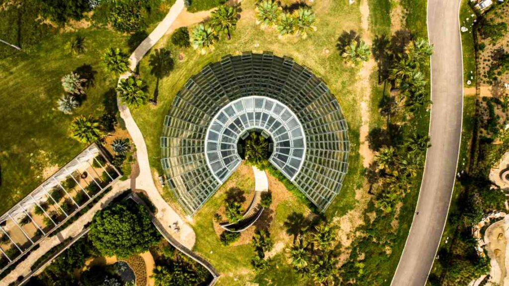 A round greenhouse at the San Antonio Botanical Garden from above