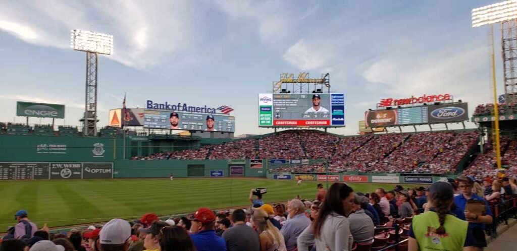 the outfield and signs at Fenway Park on a cloudy day