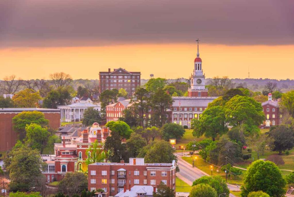 view of historic brick buildings and trees from above in downtown macon, georgia