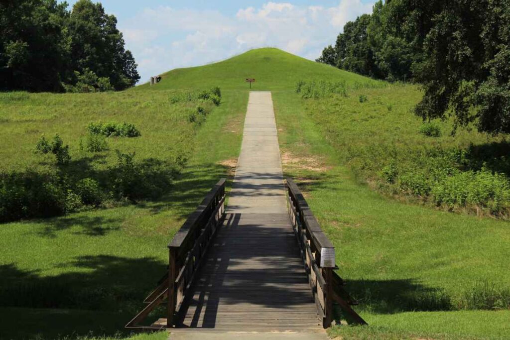 pathway leading to a grass covered mound in ocmulgee mounds national historic park