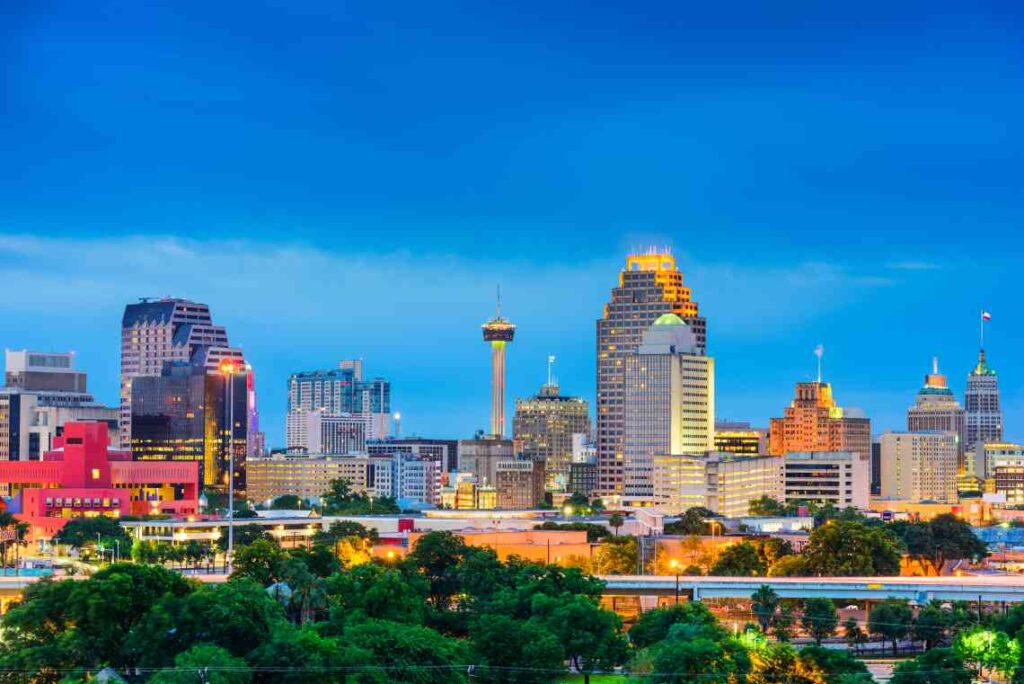 the San Antonio skyline at sunset