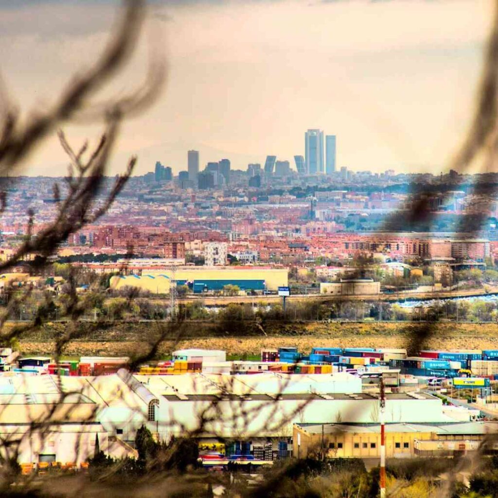 Madrid skyline in the distance from the outskirts of the city