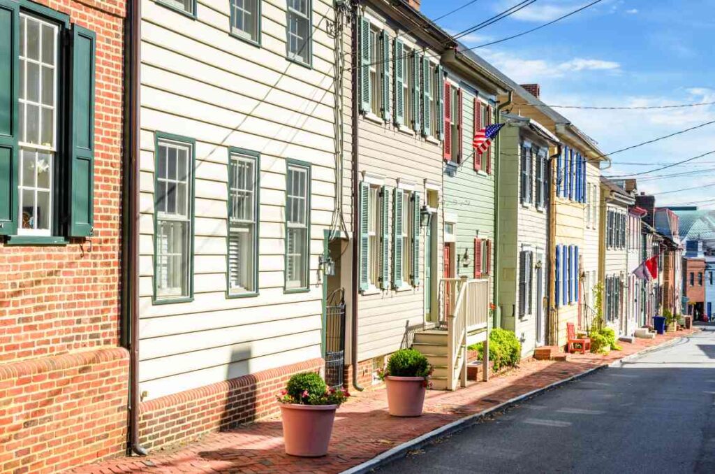 Colorful old wooden row houses with shutters and brick in Annapolis, Maryland