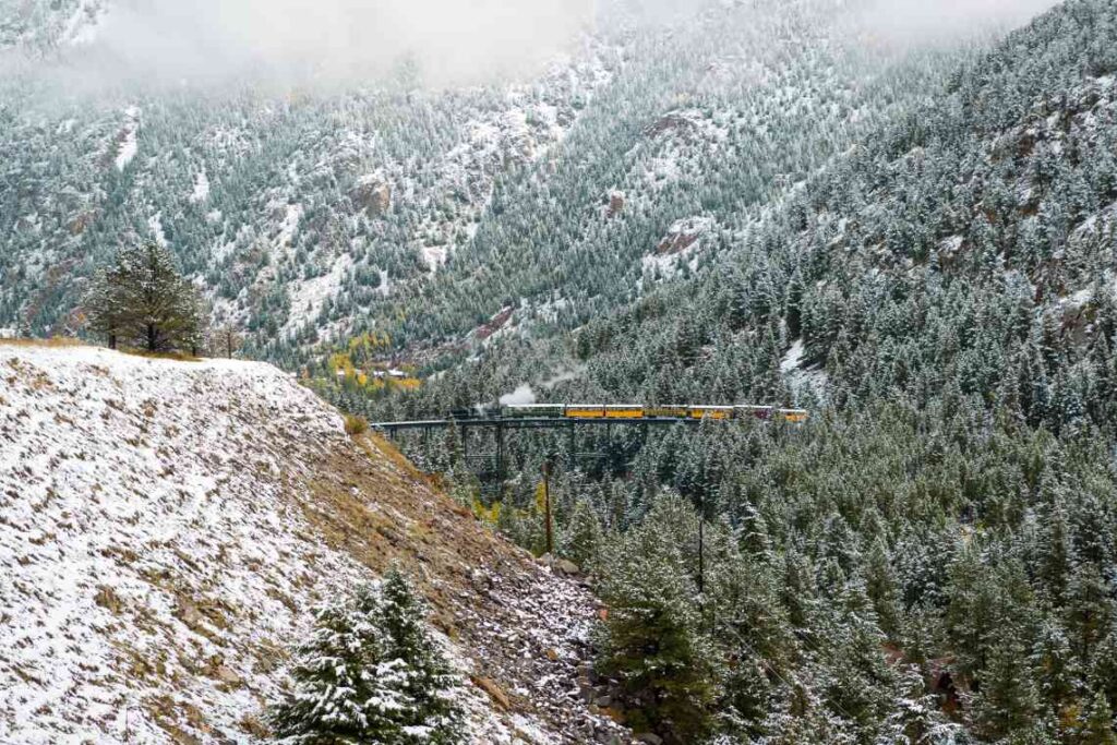 train crossing a bridge amid snow covered pine trees on steep mountain slopes