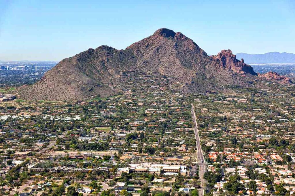 craggy brown camelback mountain rising between scottsdale and phoenix arizona