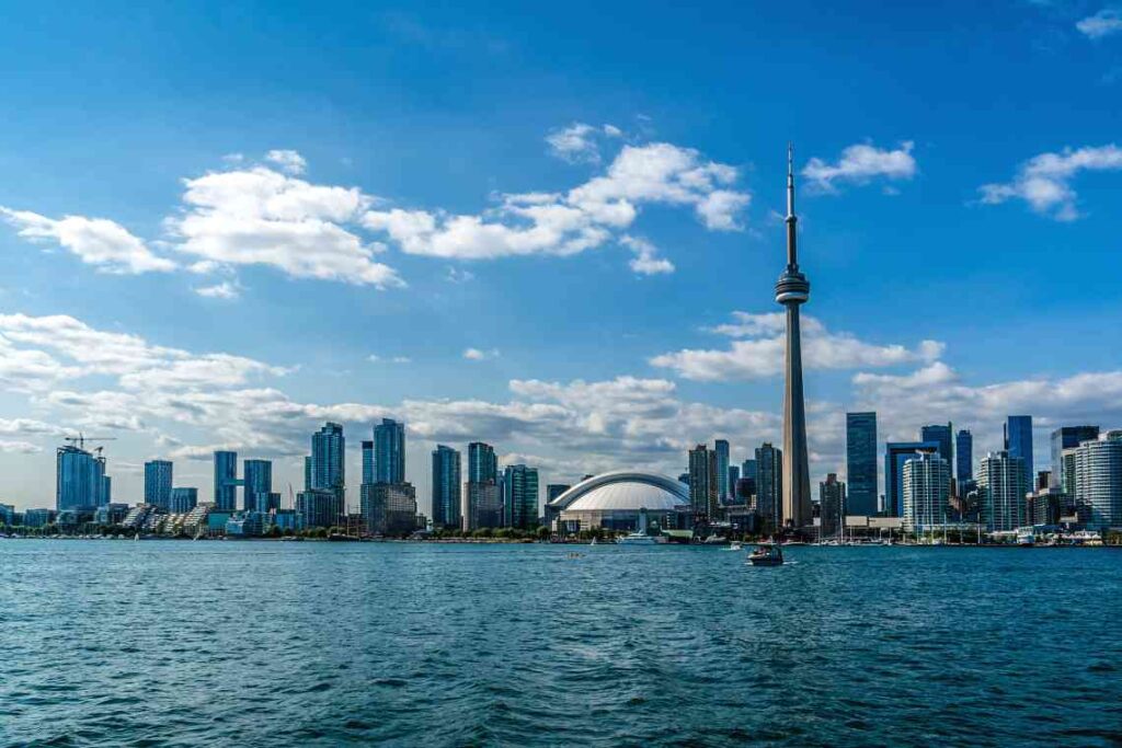 The Toronto skyline on a sunny day from Lake Ontario