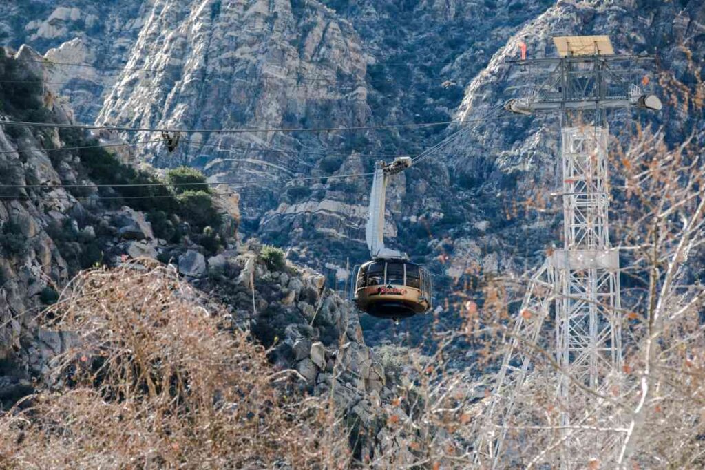 Round gold tram car before going up the mountains outside Palm Springs, CA