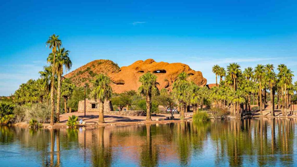 water lined with palm trees with a red rock rising in the background