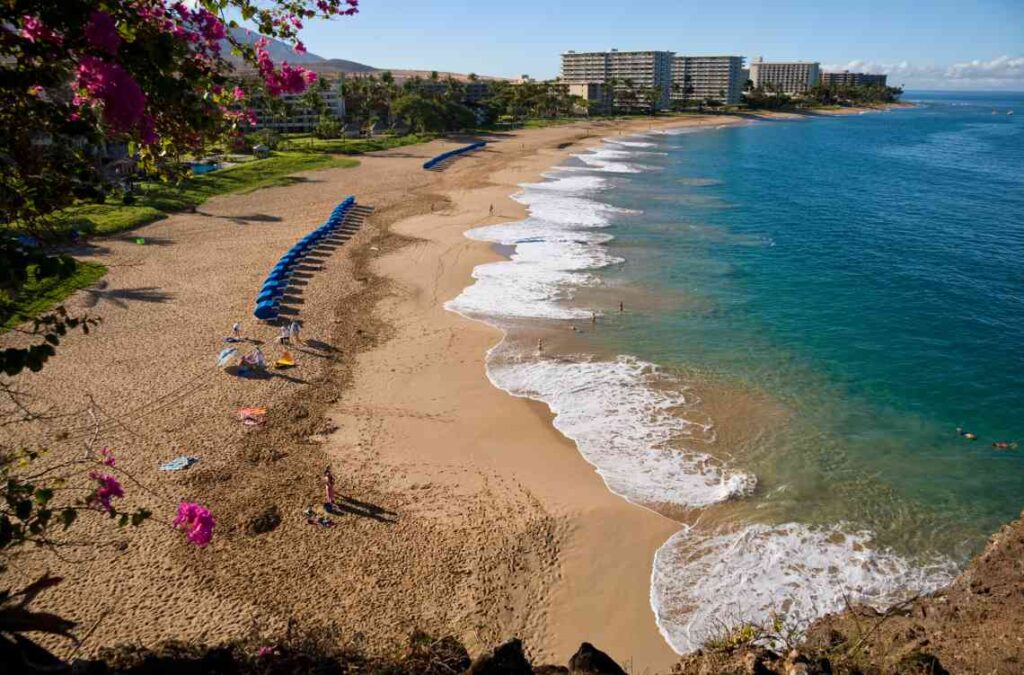 a stretch of kaanapali beach with turquoise water and blue umbrellas with hotels in the background