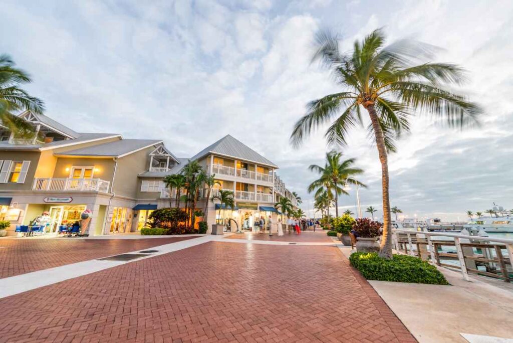 red brick of mallory square in key west with palm trees and a harbor