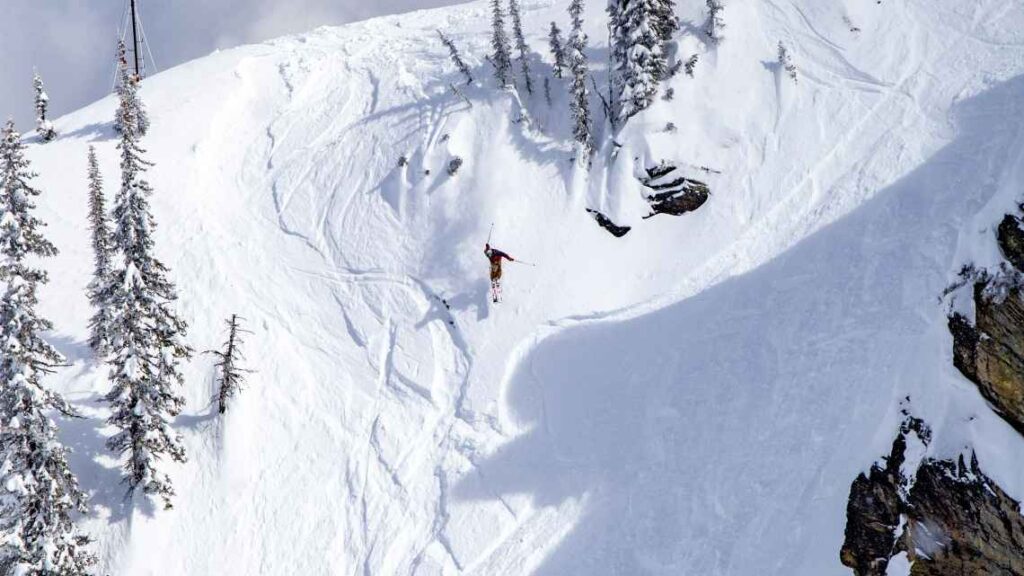 downhill skier from above amid trees at revelstoke