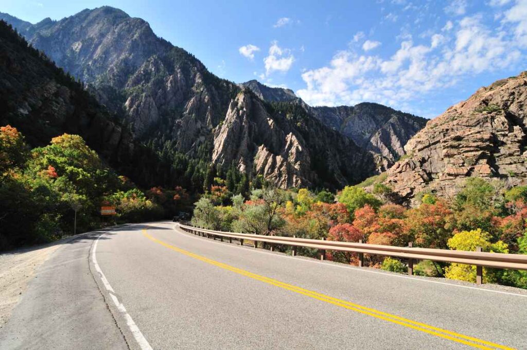 two lane highway leading into a sunny canyon with trees and bushes lining the road