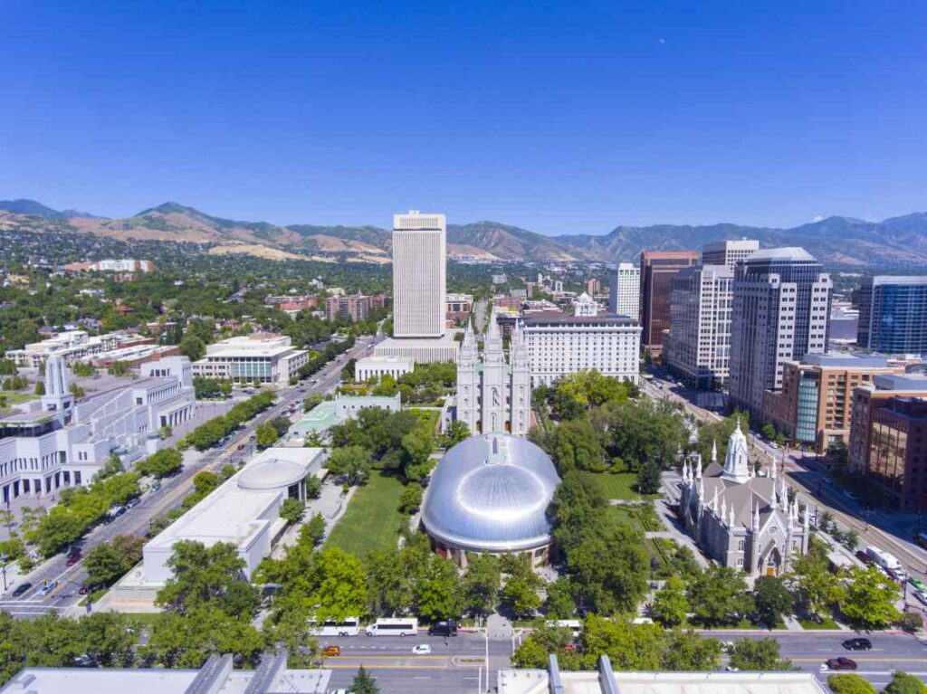 overhead shot of temple square in salt lake city 