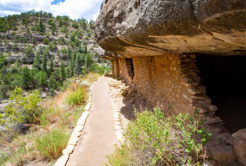 dirt trail along a rock wall with cliff dwellings built in, with pine trees and rocky terrain in the background