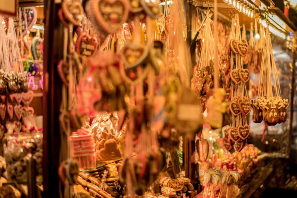 german lebkuchen hanging from a stall at a christmas market