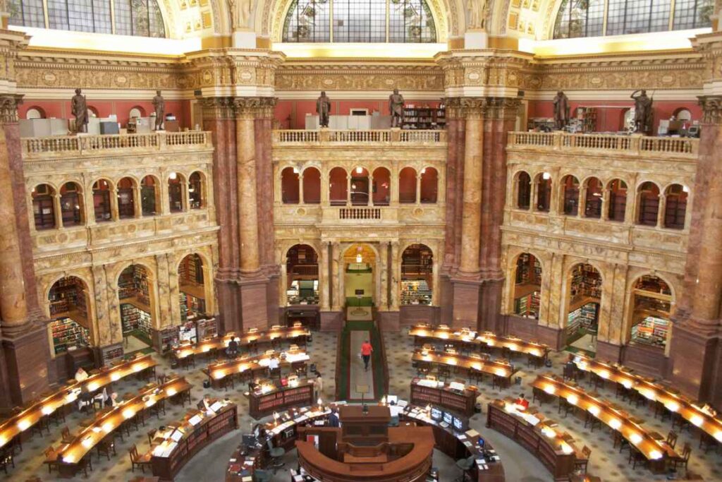 Ornate round pink and cream marble reading room in the library of congress