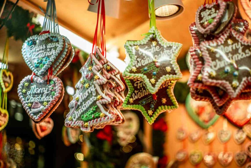 decorated gingerbread hanging at a stall in a Christmas market in zurich, switzerland