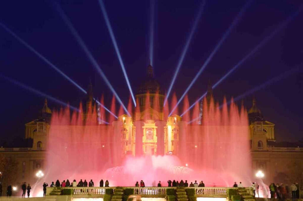 light and water show at the magic fountain of montjuic near the plaza de espana in barcelona spain at night