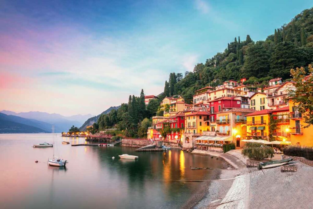 colorful buildings in varenna italy on lake como at sunset