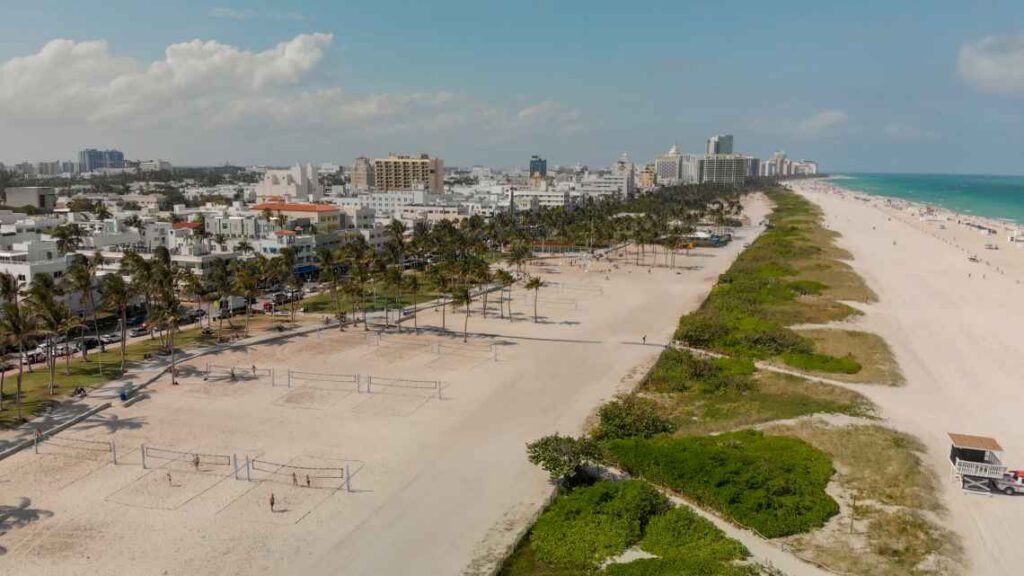 volleyball courts and beach along lummus park on the water in miami beach, florida