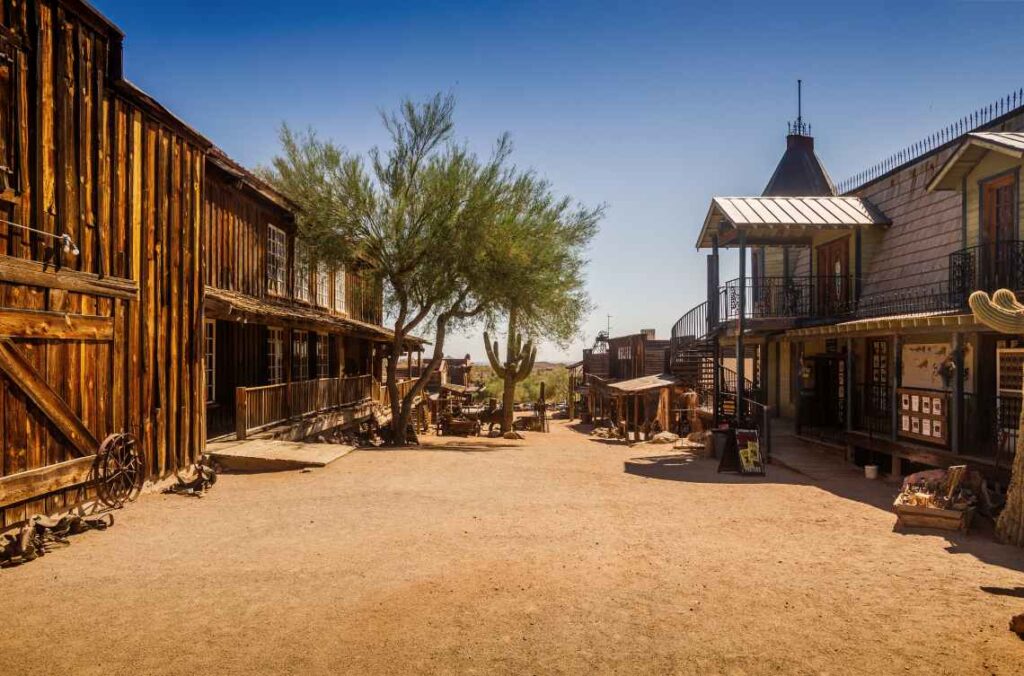 wooden buildings in the goldfield ghost town in apache junction arizona