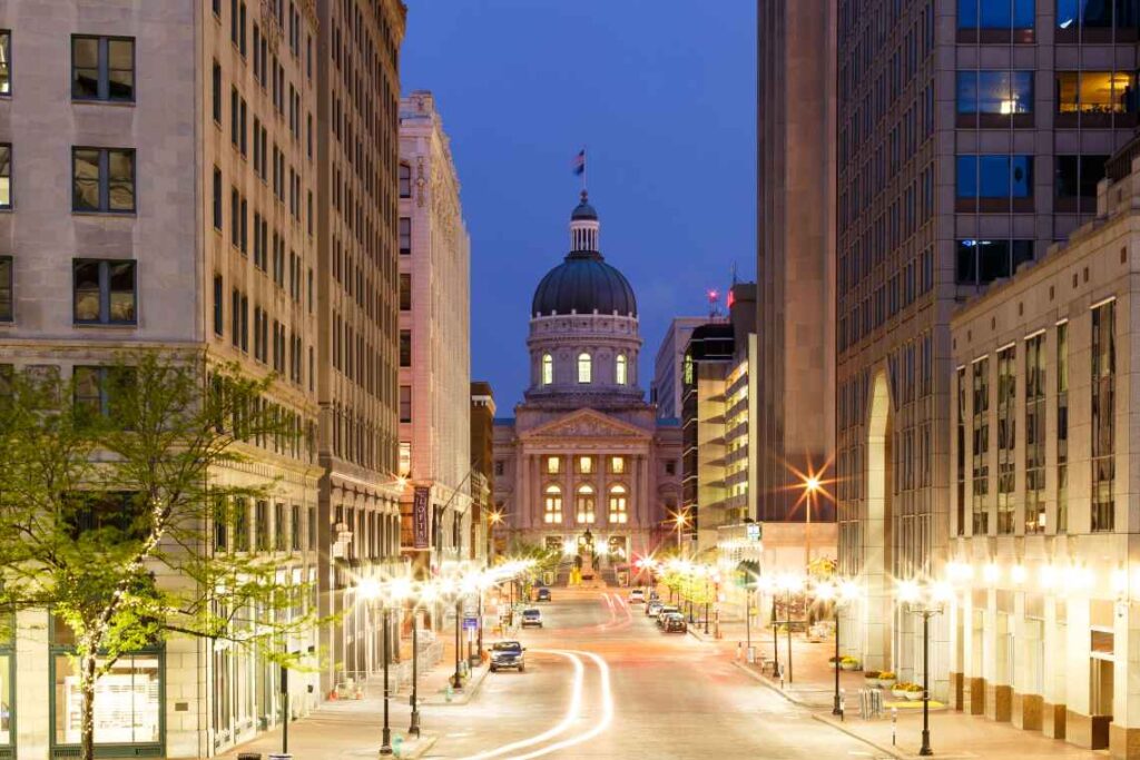 Early morning on Market Street in downtown Indianapolis with streetlights on