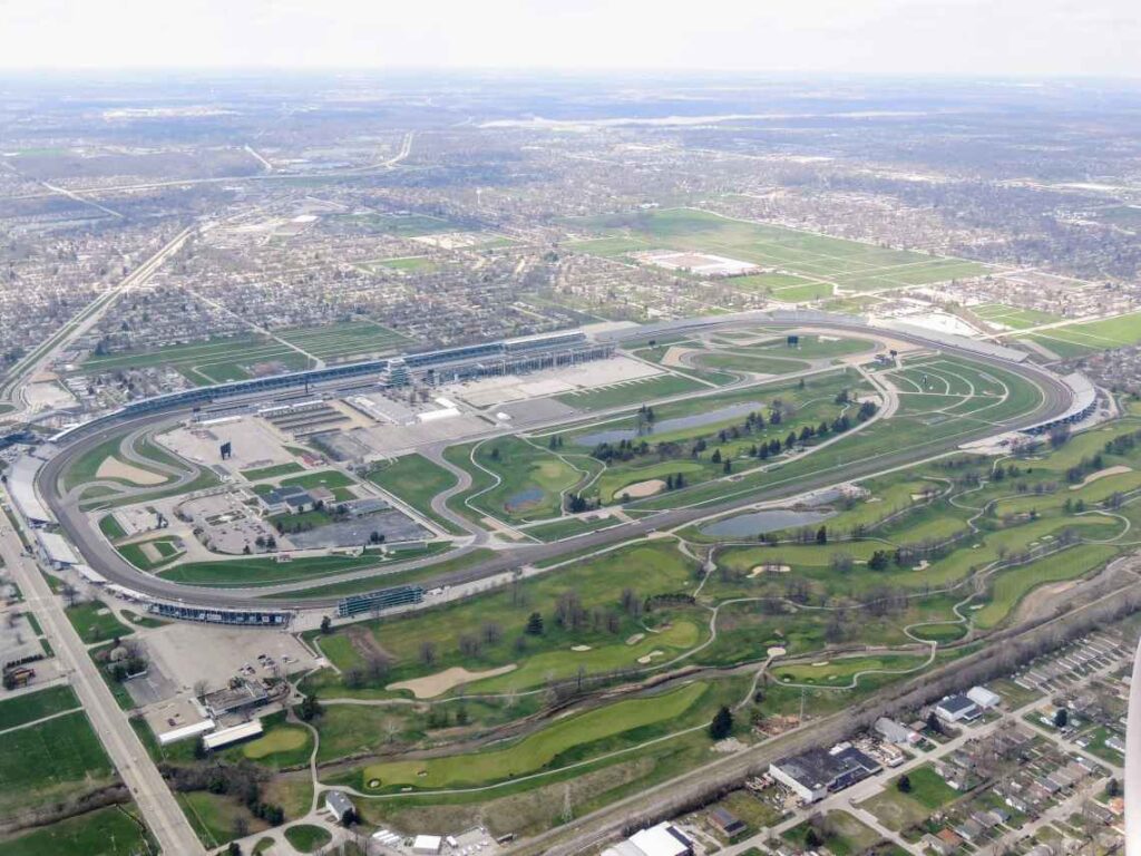 view of the oval indianapolis motor speedway from an airplane