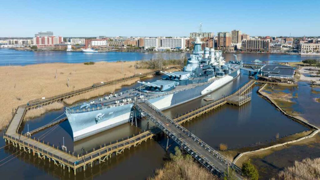 battleship north carolina docked on the water near downtown wilmington
