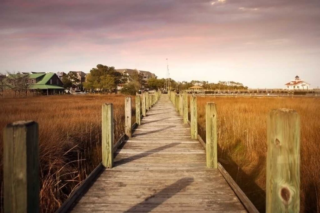 wooden walkway through tall grass on roanoke island in north carolina