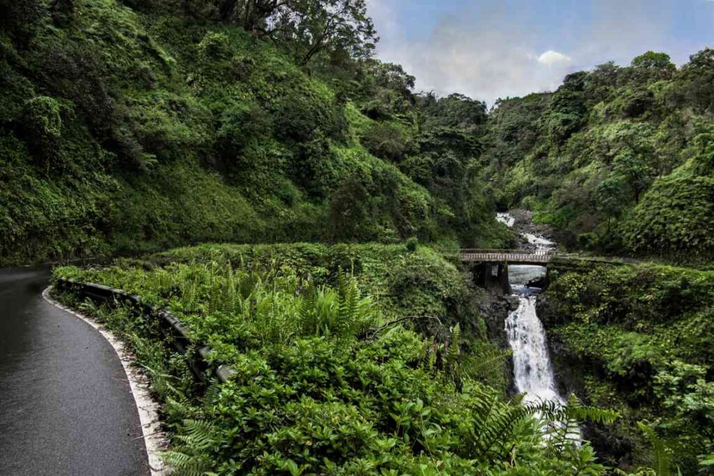 narrow road to hana running along lush greenery with a waterfall on the right
