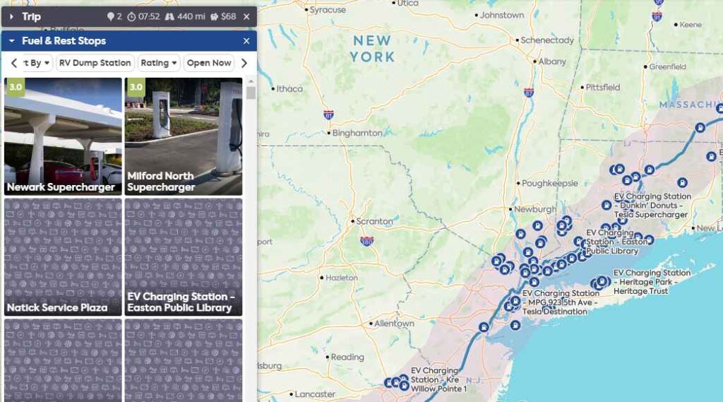 Screenshot of route with ev chargers on roadtrippers website