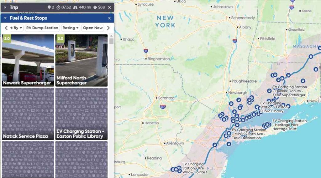 Screenshot of route with ev chargers on roadtrippers website
