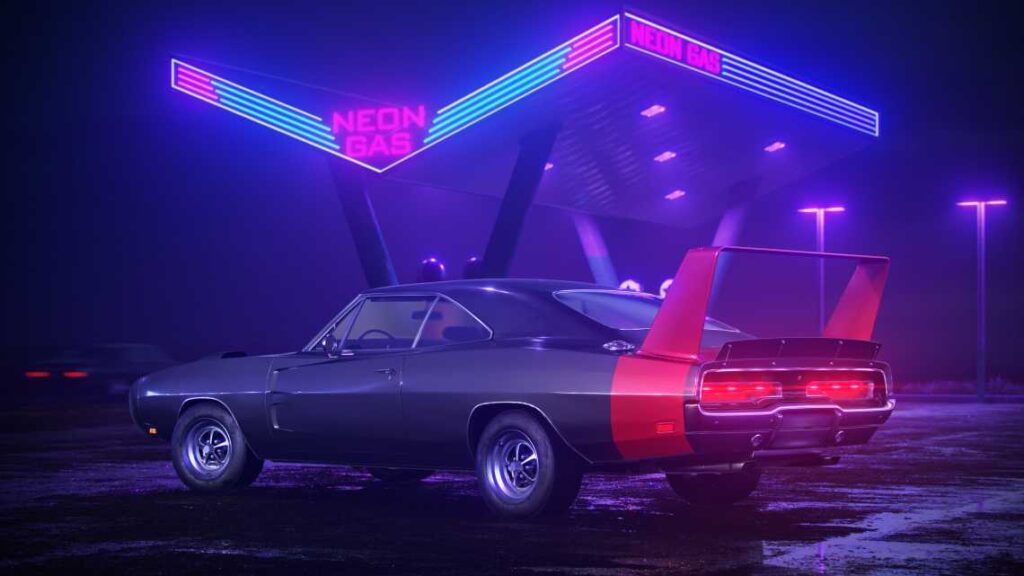 3D illustration of dodge charger daytona car at night with neon lights in the background