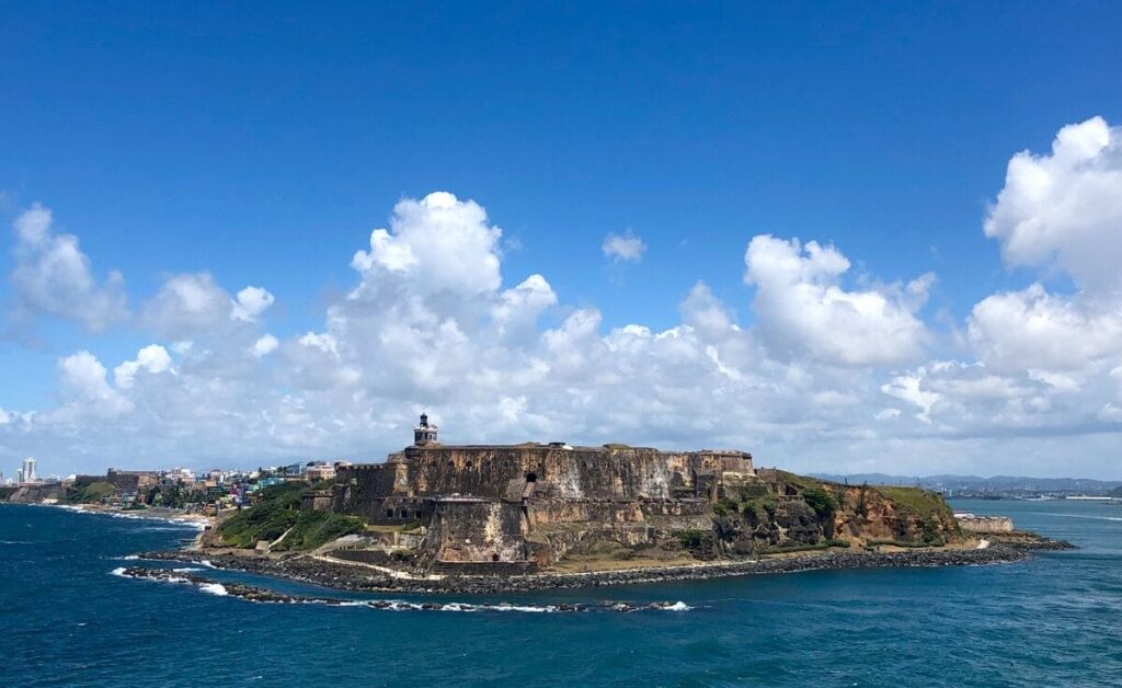 View from see front onto San Juan Antiguo in Puerto Rico