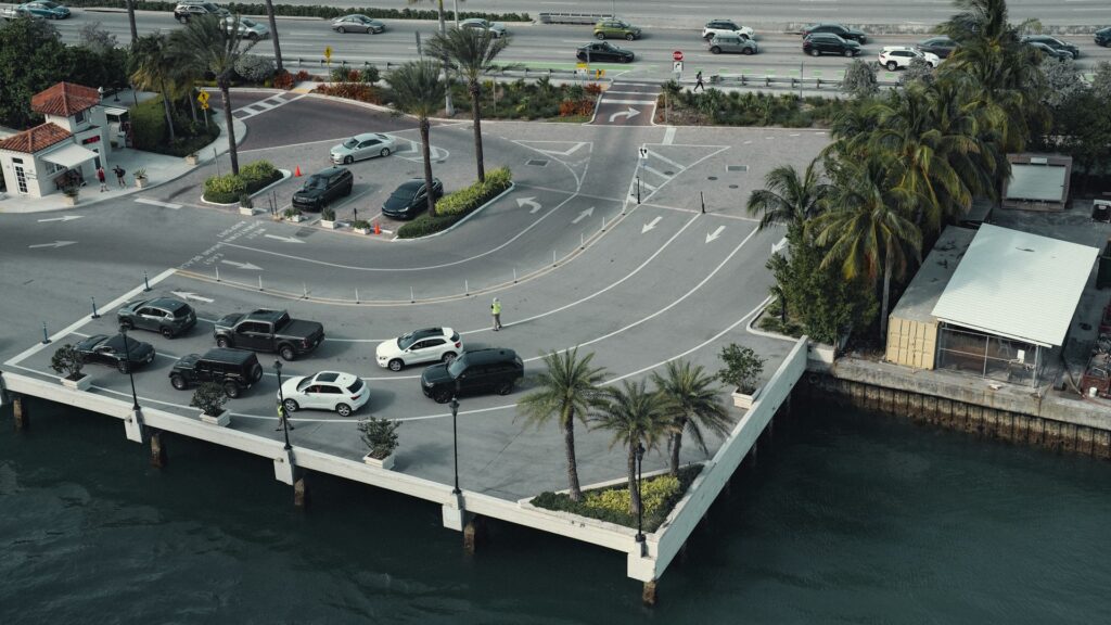 Aerial view of a Miami parking next to the ocean.